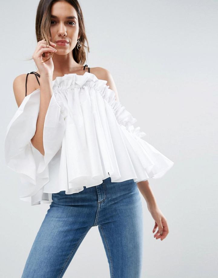 Asos Premium Structured Cotton Cold Shoulder Top With Contrast Strap - White