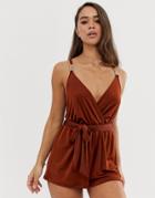 River Island Beach Romper With Metal Trim In Brown