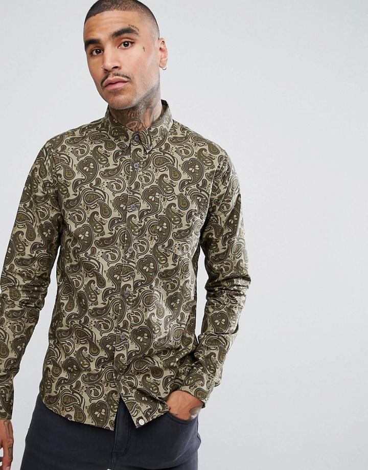 Pretty Green Ryder Paisley Long Sleeve Shirt In Green - Green