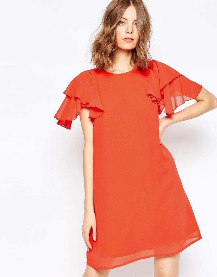 Asos Frill Sleeve Shift Dress - Orange