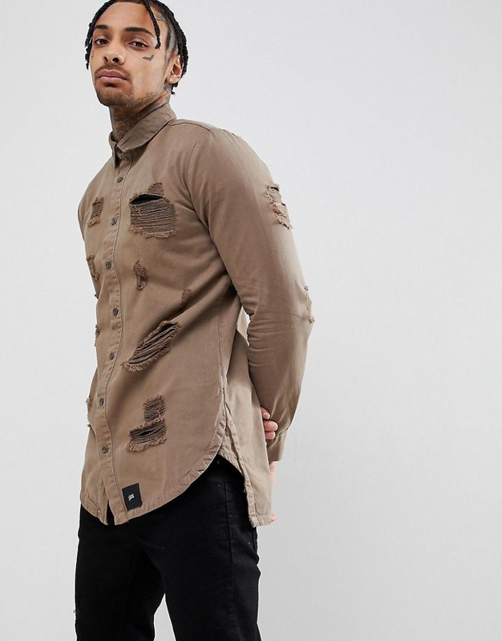 Sixth June Muscle Distressed Shirt In Khaki - Green