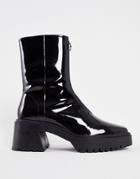 Asos Design Chunky Heel Square Toe Zip Front Chelsea Boots In Black Patent Leather