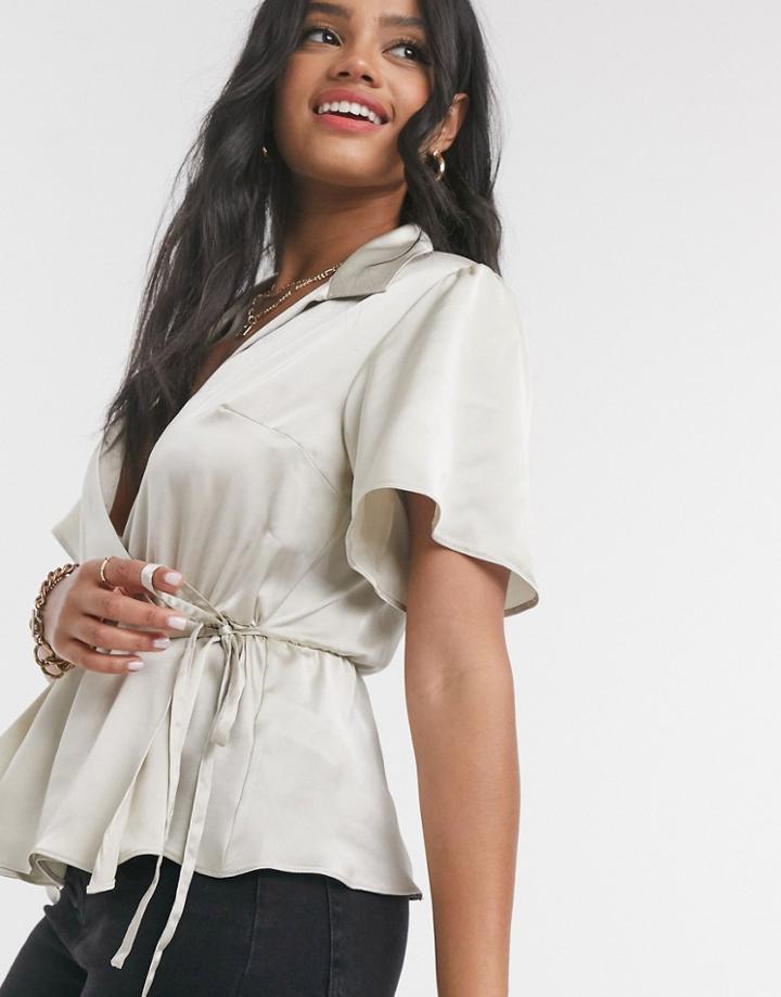 Asos Design Short Sleeve Satin Wrap Top In Gold