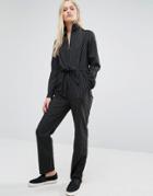 Neon Rose High Neck Jumpsuit In Subtle Pinstripe - Black