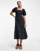 River Island Shirred Poplin Midi Dress In Black