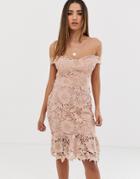 Missguided Lace Bardot Bodycon Dress In Nude-pink