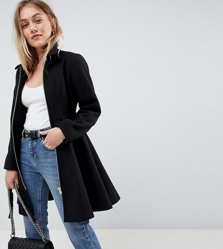 Asos Design Petite Swing Coat With Zip Front-black