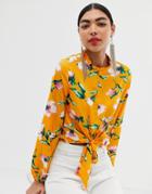 Unqiue21 Floral Long Sleeve Tie Top - Yellow