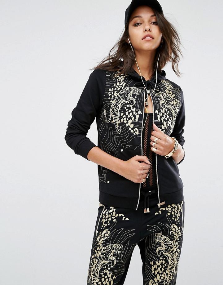 Versace Jeans Gold Embroidered Tiger Zip Through Hoodie - Black