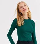 Monki Ribbed Crew Neck Top With Long Sleeve In Dark Green