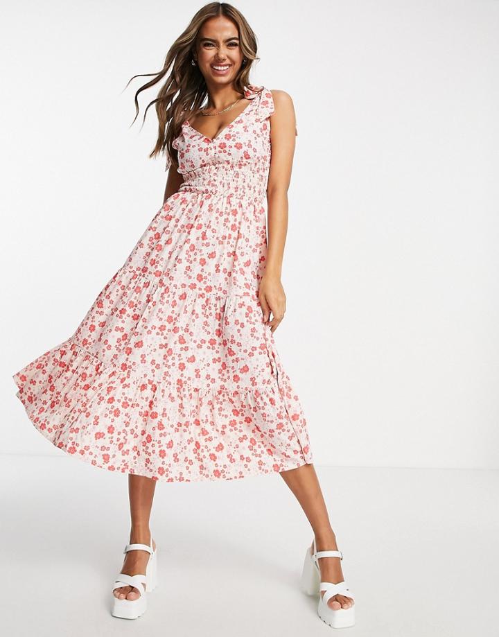 Influence Tie Shoulder Midi Dress In Floral Print-multi