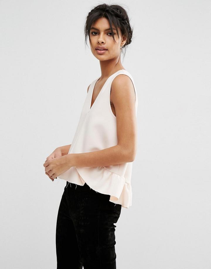 Asos Dip Hem Ruffle Tank With Raw Edge - Pink