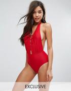 South Beach Lattice Detail Plunge Swimsuit - Red