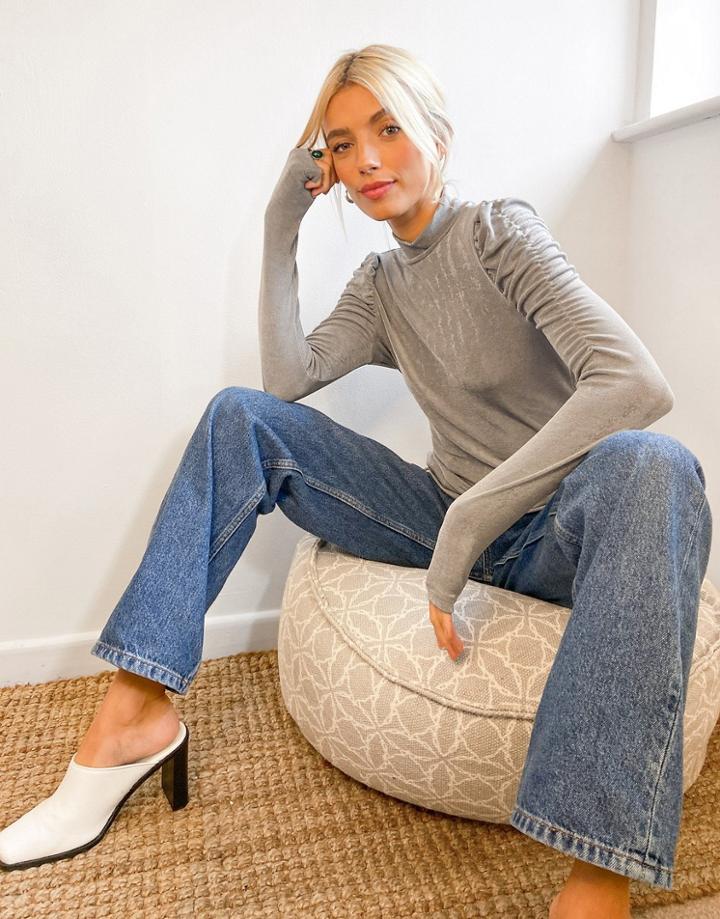 Vero Moda Slinky Long Sleeve Top With Ruched Shoulder In Gray-grey