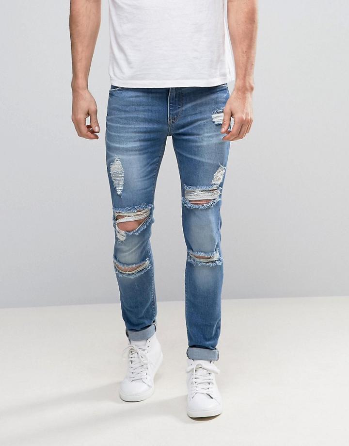 Asos Super Skinny Jeans With Mega Rips In Mid Blue - Blue