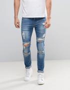 Asos Super Skinny Jeans With Mega Rips In Mid Blue - Blue