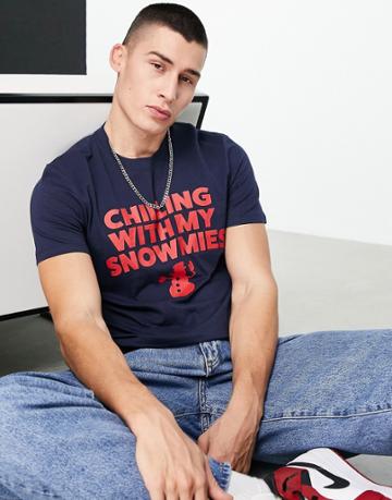 Jack & Jones Originals Christmas T-shirt With Chilling With My Snowmies Print In Navy
