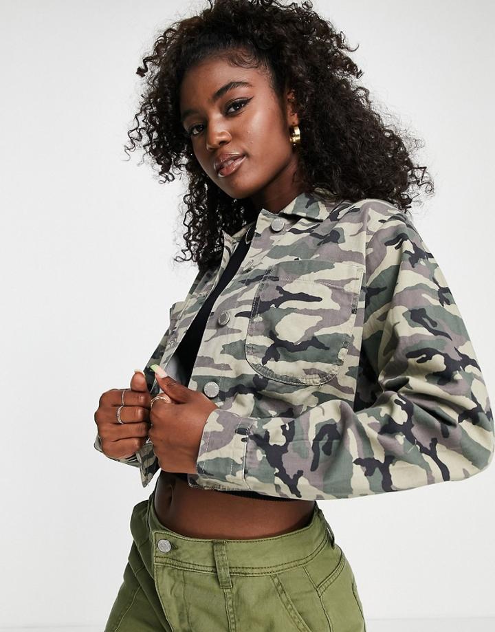 Miss Selfridge Cropped Denim Jacket In Camo-green