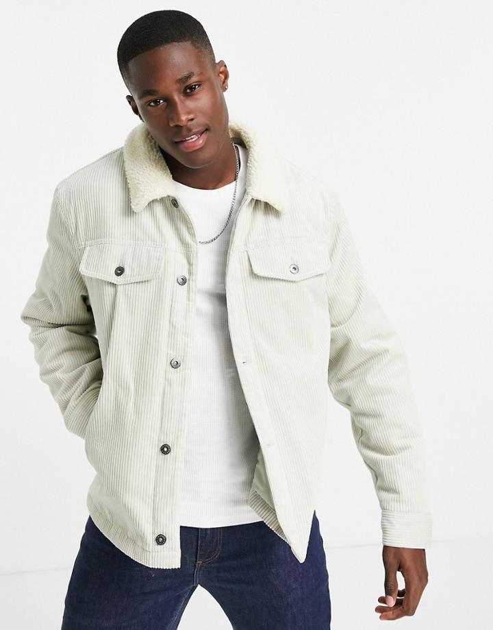 Topman Corduroy Jacket With Teddy Collar In Gray-grey