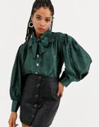 Dream Sister Jane Volume Blouse With Bow Collar In Metallic Crinkle Fabric-green