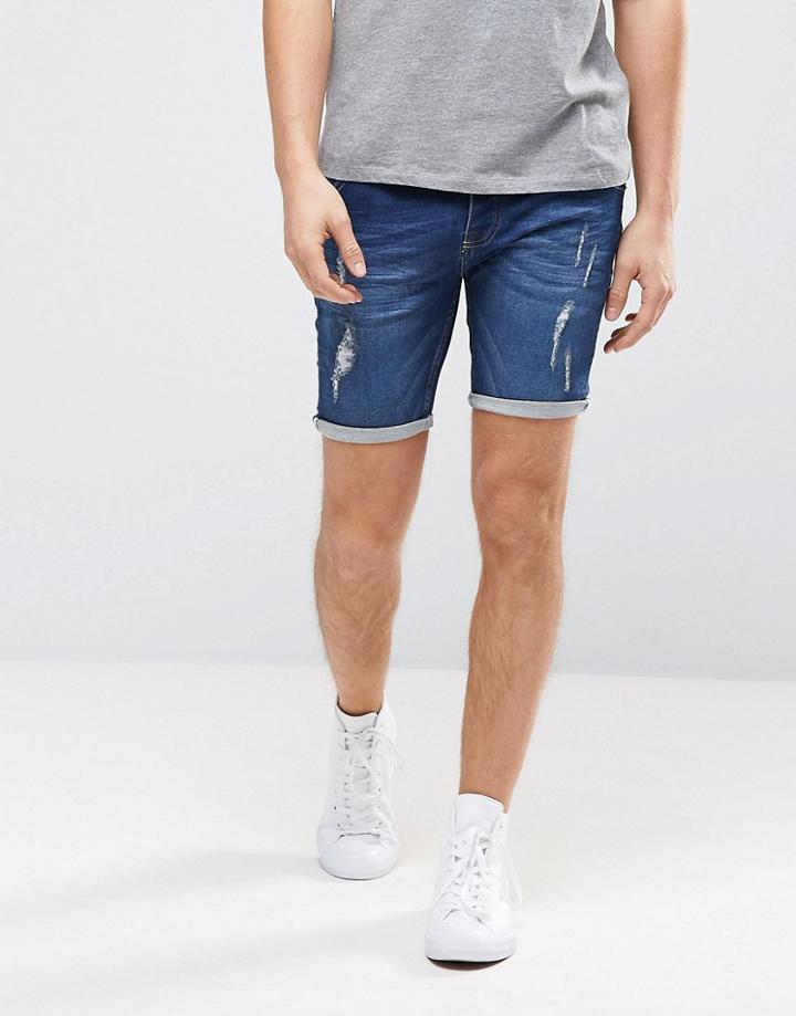 Brave Soul Jersey Denim Ripped Shorts - Blue