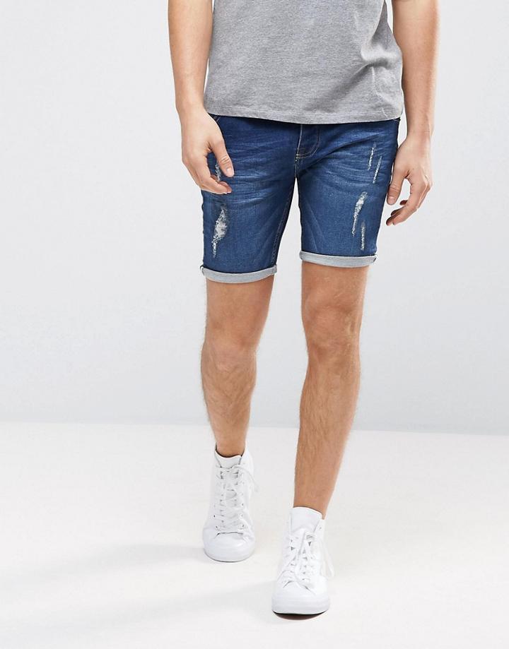 Brave Soul Jersey Denim Ripped Shorts - Blue