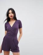 Asos Wrap Front Jersey Romper With Short Sleeve - Purple