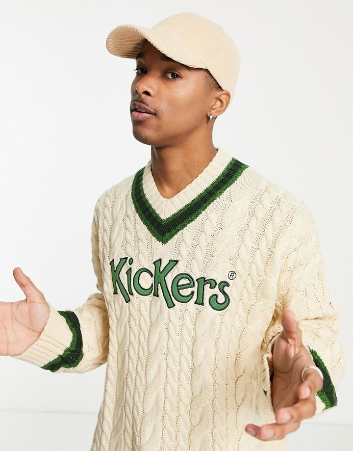 Kickers Applique Cable Knit V Neck Sweater In Off White