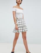 Asos Design Mini Skirt With Side Buttons In Check - Cream