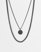 Asos Design 2 Pack Layered Necklace With St Chris Pendant In Matte Black