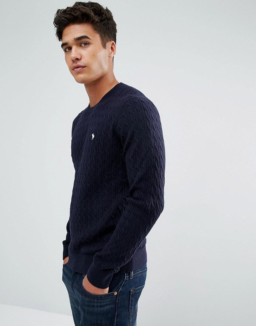 Abercrombie & Fitch Preppy Cable Knit Sweater Moose Logo In Navy Navy