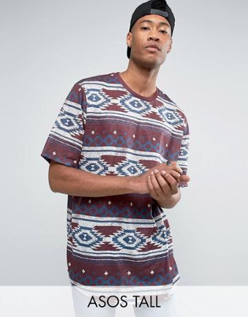 Asos Tall Longline T-shirt In Linen Look With All Over Geo-tribal Prin