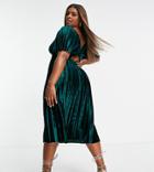 Asos Design Curve Twist Back Empire Waist Velvet Pleated Midi Dress In Forest-green