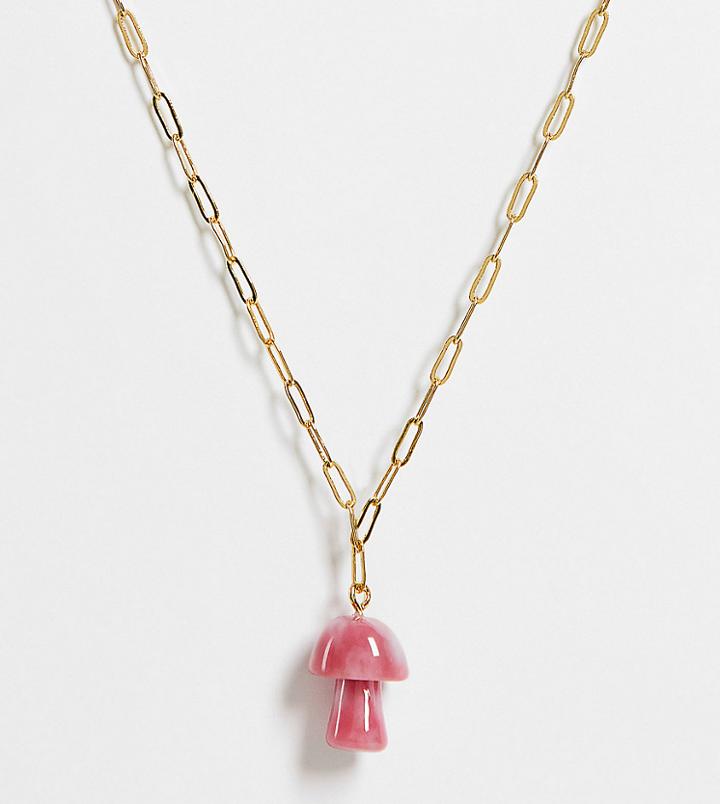 Asos Design 14k Gold Plated Necklace With Semi-precious Mushroom Pendant