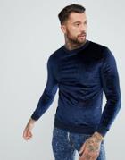 Asos Muscle Sweatshirt In Velour With Paisley Print - Navy