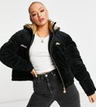 Ellesse Cropped Velour Puffer Jacket In Black And Gold - Exclusive To Asos