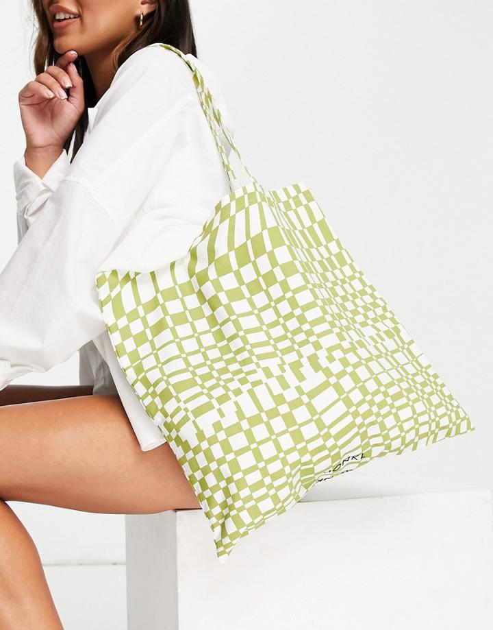 Monki Maja Wavy Check Tote Bag In Green - Mgreen