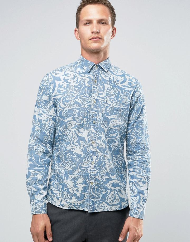 Celio Long Sleeve Regular Fit Shirt With All Over Print - Blue