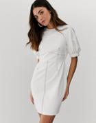 Asos Design Contrast Stitch Mini Dress With Puff Sleeves - White