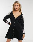 Asos Design Button Through Tea Dress With Shoulder Embroidery In Black