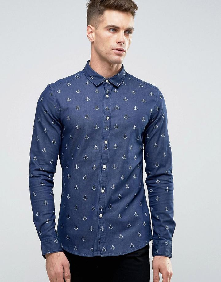 Asos Skinny Denim Shirt With Anchor Print In Navy - Navy