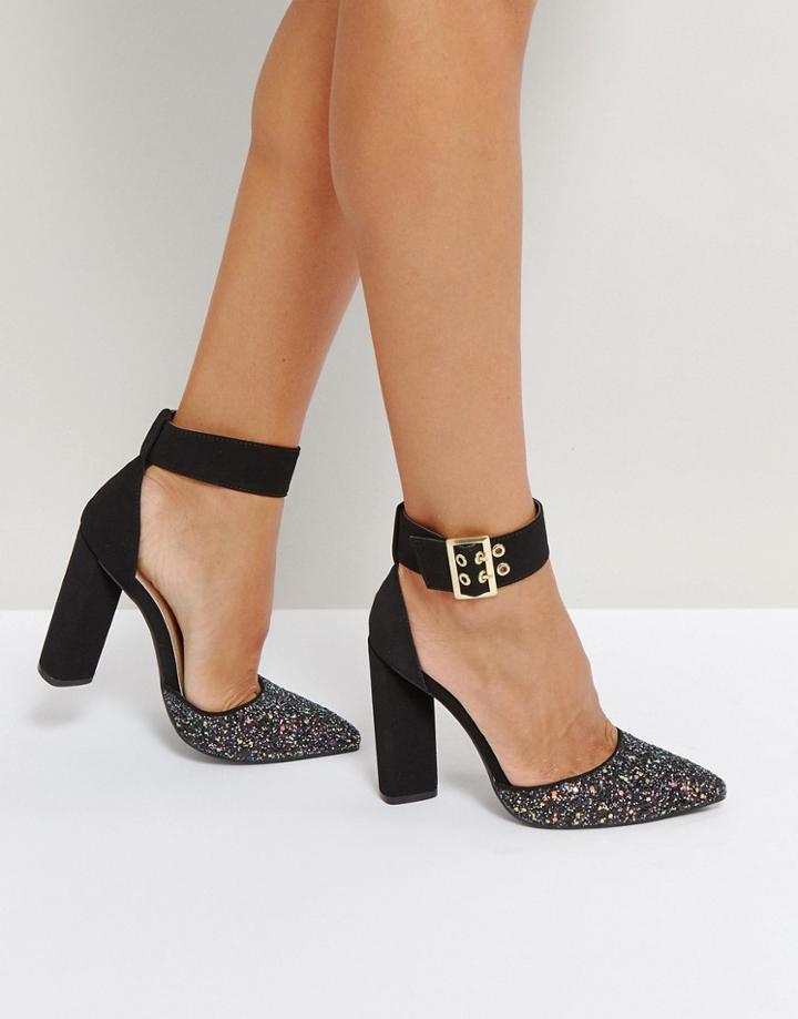 Qupid Glitter Toe Point High Heels - Black