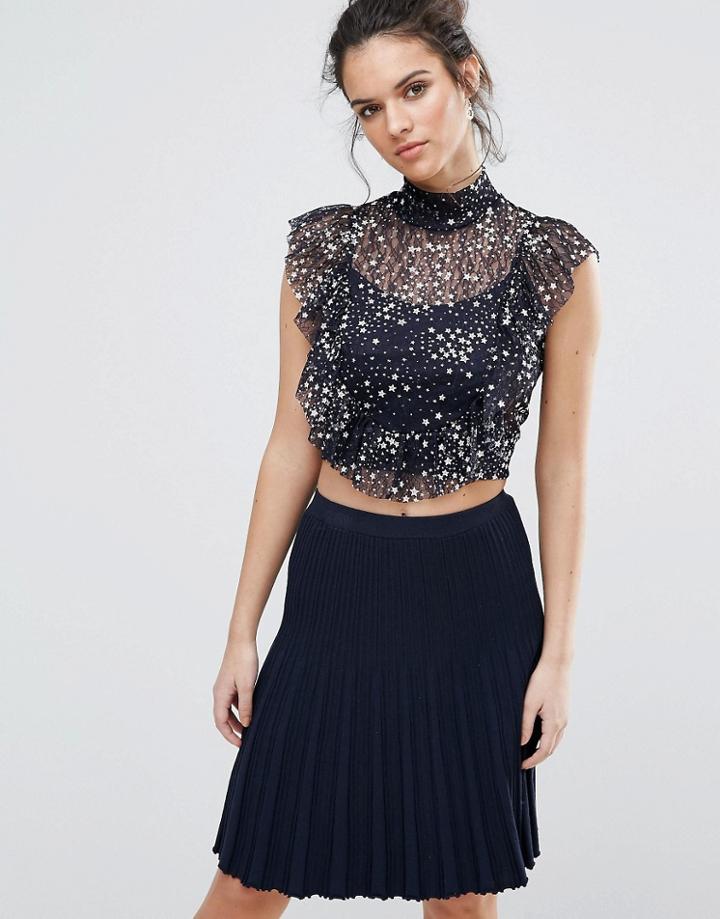 Tfnc High Neck Top With Embroidery And Frill Detail - Navy