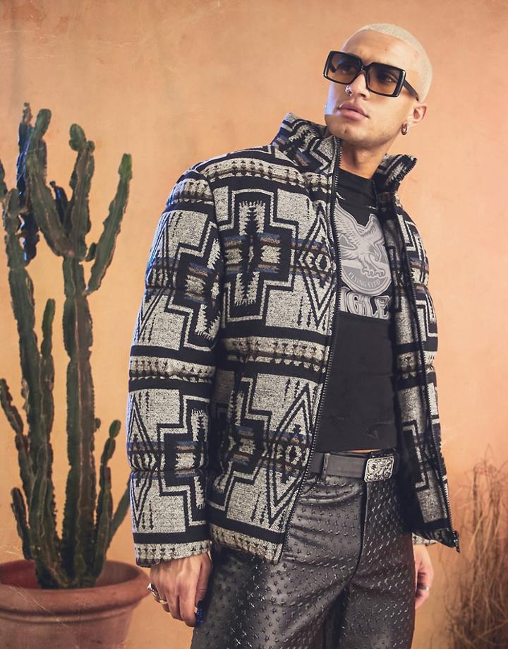 Asos Design Puffer Jacket In Monochrome Pattern Wool Mix Fabric-brown