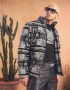 Asos Design Puffer Jacket In Monochrome Pattern Wool Mix Fabric-brown