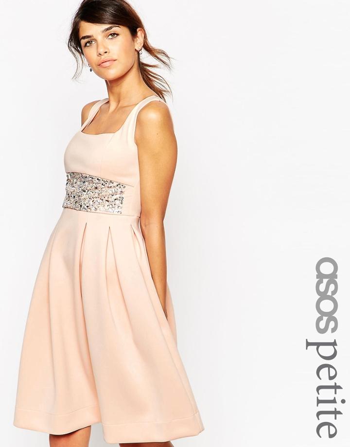 Asos Petite Scuba Debutante Midi Dress With Embellished Waist - Nude