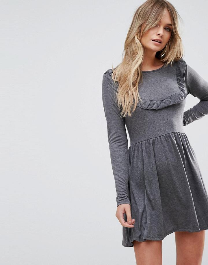 Brave Soul Tippie Skater Dress With Frill Bib - Gray