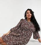 Fashion Union Plus Mini Smock Dress With Shirring In Vintage Floral-brown
