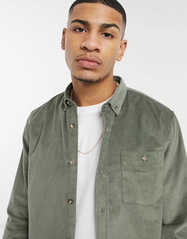 River Island Regular Fit Cord Shirt In Khaki-green