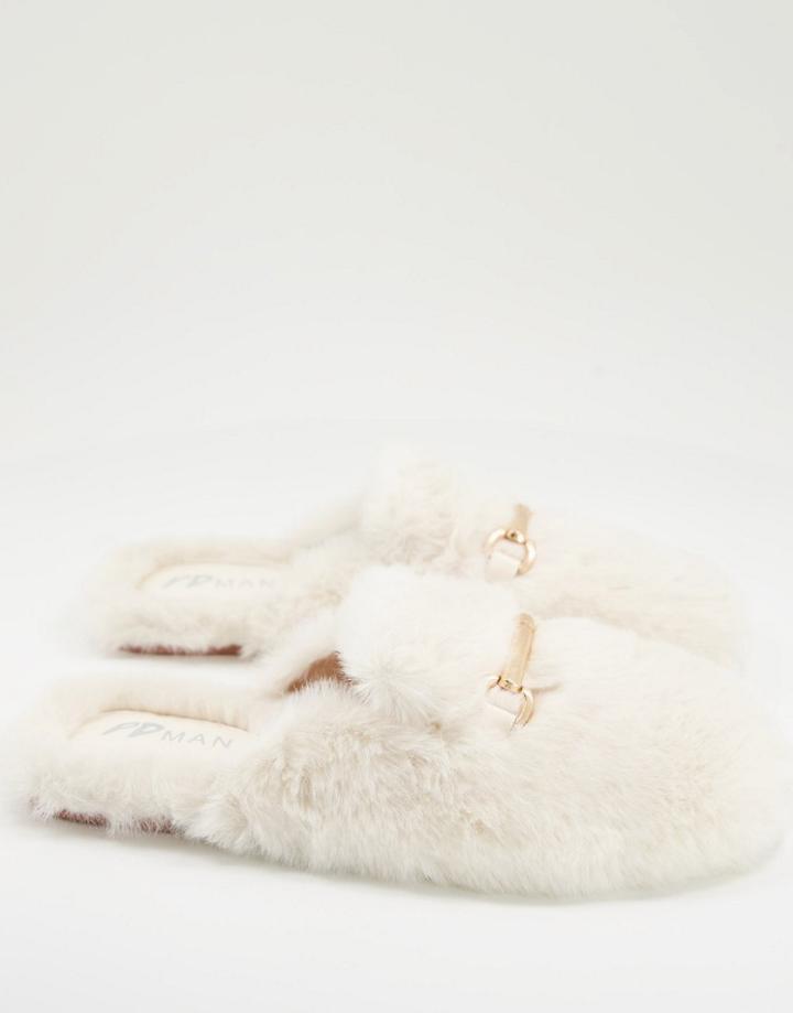 Public Desire Man Rococo Faux Fur Bar Slippers In Cream-white